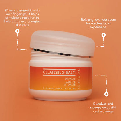 An annotated image of Cleansing Balm on orange background. The annotations say "Helps stimulate circulation to detox and energise skin cells", "relaxing lavender scent for a salon facial experience" and "dissolves and sweeps away dirt and make-up"