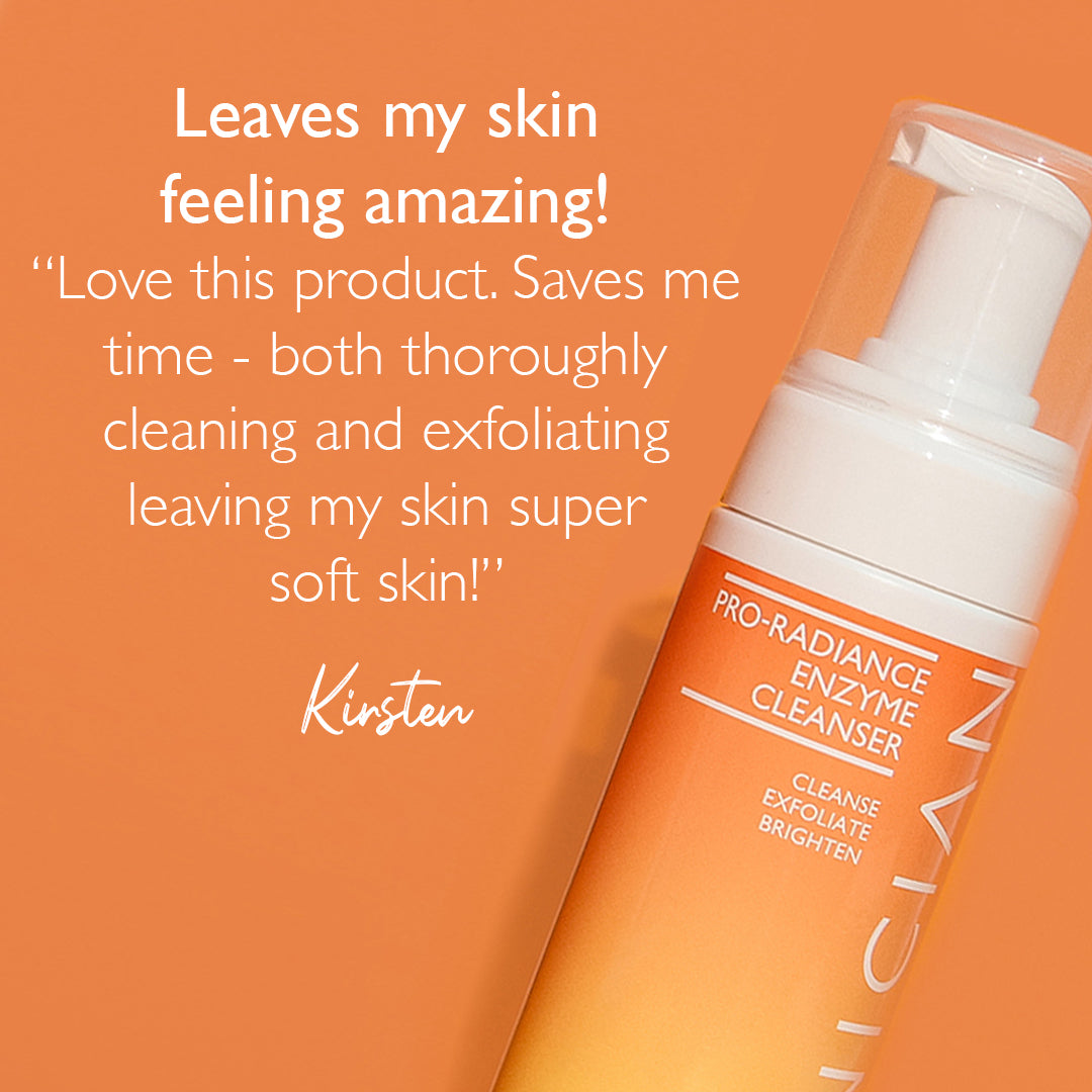 Image of SKINICIAN Pro-Radiance Enzyme Cleanser on orange background with customer review