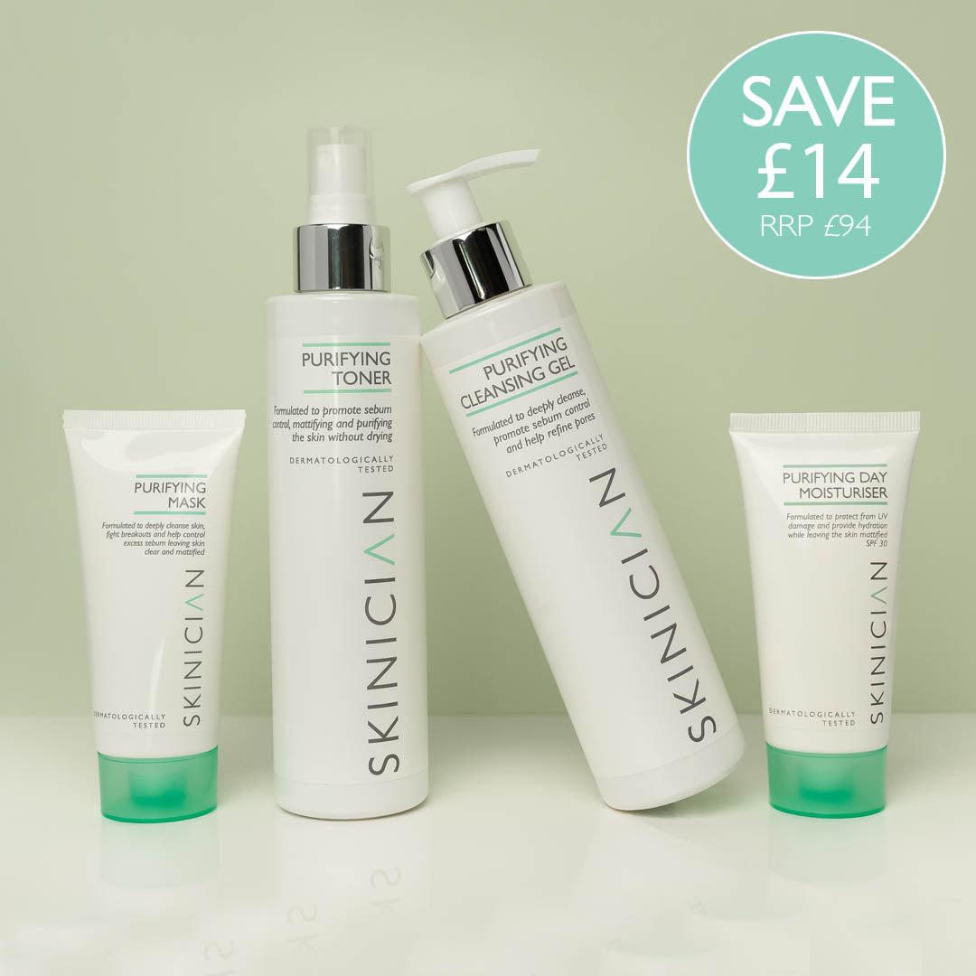 A Skinician skincare gift set for oily skin. Products displayed together and includes, Purifying cleansing gel, purifying toner, purifying mask and purifying day moisturiser with spf