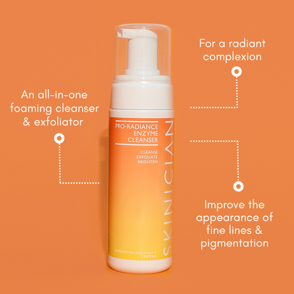 Image of SKINICIAN Pro-Radiance Enzyme Cleanser on orange background with key benefits listed