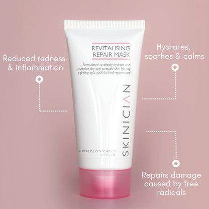 Revitalising repair face mask annotated image.  The annotations say 'Reduced redness & inflammation', 'Hydrates, soothes & calms' and 'Repairs damage caused by free radiacals'.