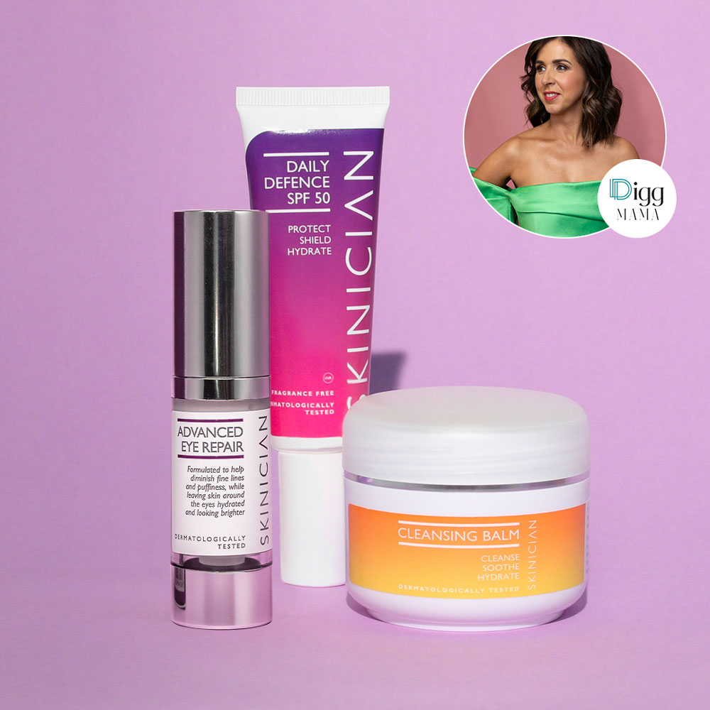 Image of Eye Repair, Daily Defence SPF 50 and Cleansing Balm on a purple background with a picture of Caroline O'Neill