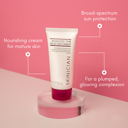 An annotated image of  SKINICIAN Time Delay Day Cream SPF 30. The annotations say 'Nourishing cream for mature skin', 'Broad-spectrum sun protection' and 'For a plumped glowing complexion'