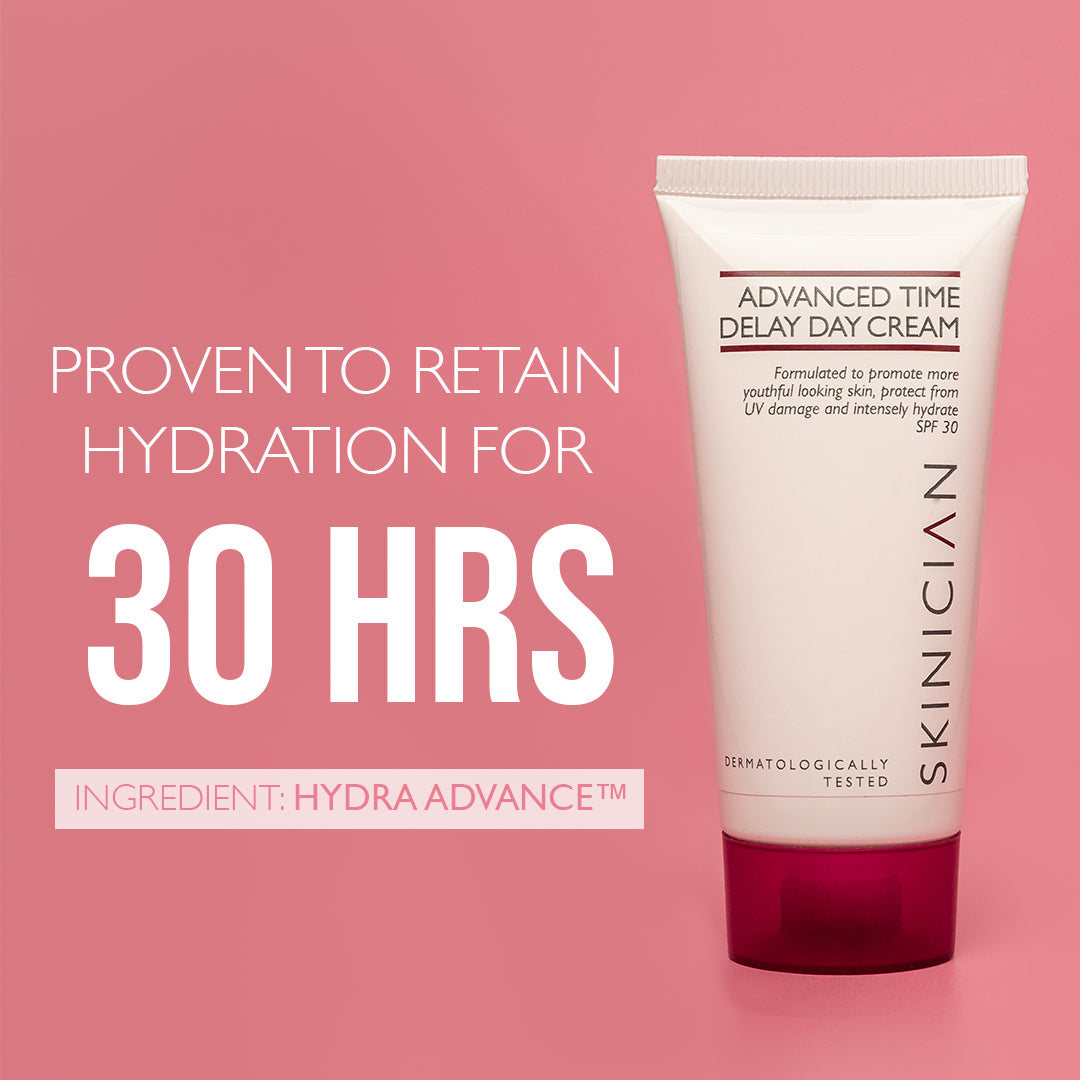 image of SKINICIAN Time Delay Day Cream on red background with text "proven to retain hydration for 30 hours"