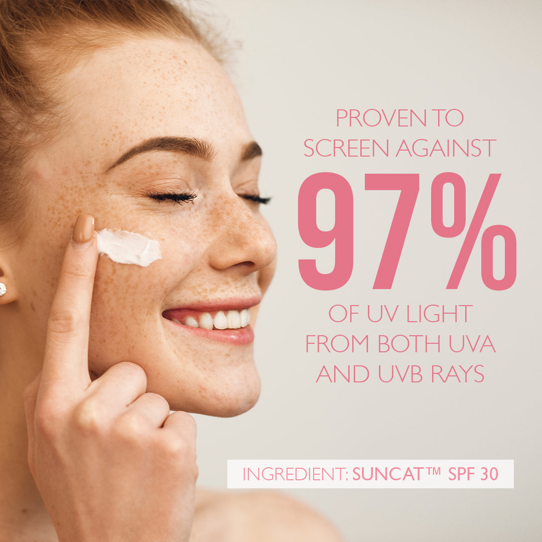 image of woman applying SPF to face with text 