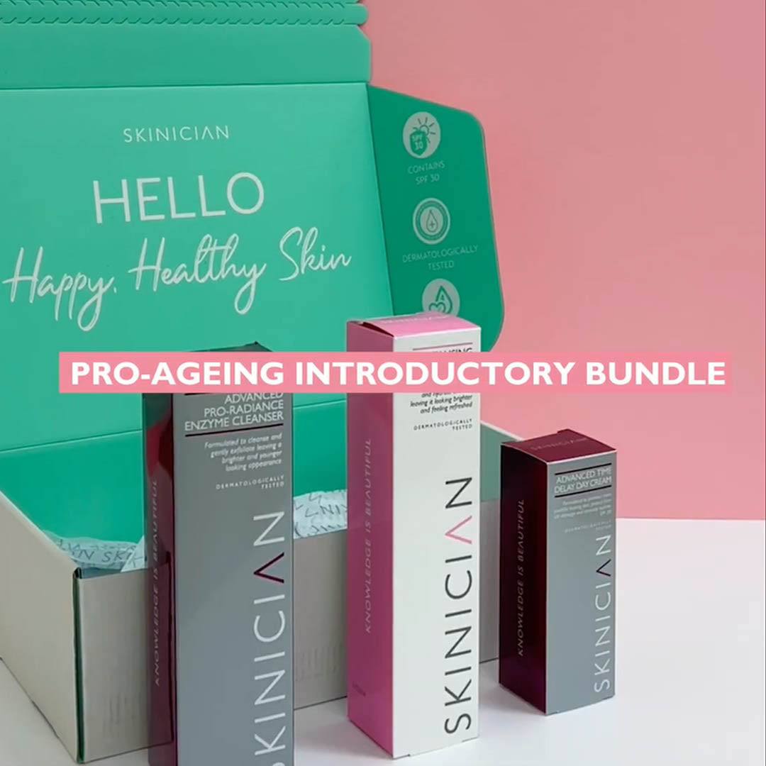 Video showing products inside the Pro-Ageing Introductory Bundle, the texture of each product and the key ingredients