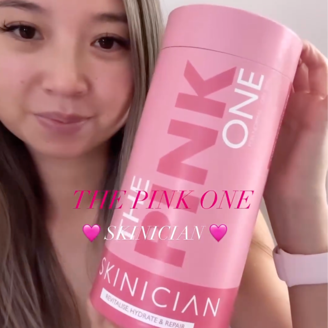 Video showing SKINICIAN customer applying the products contained in The Pink One gift set to her skin