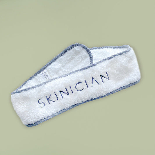 Skinician facial headband soft white material with grey trim shown