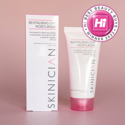 SKINICIAN Revitalising Day Moisturiser SPF 30 tube and carton displayed with a Hi Best Beauty Buys Award Winner 2022 Logo