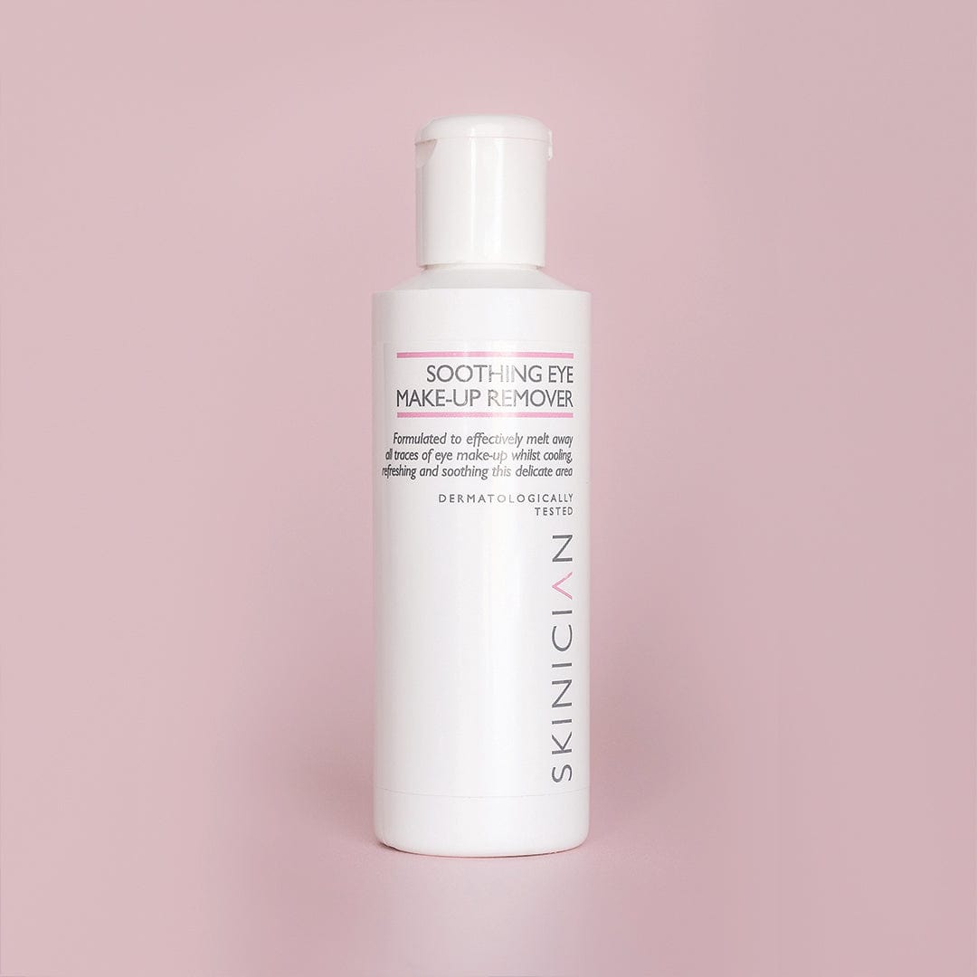 Sensitive skin eye make up remover, image of bottle on pink background