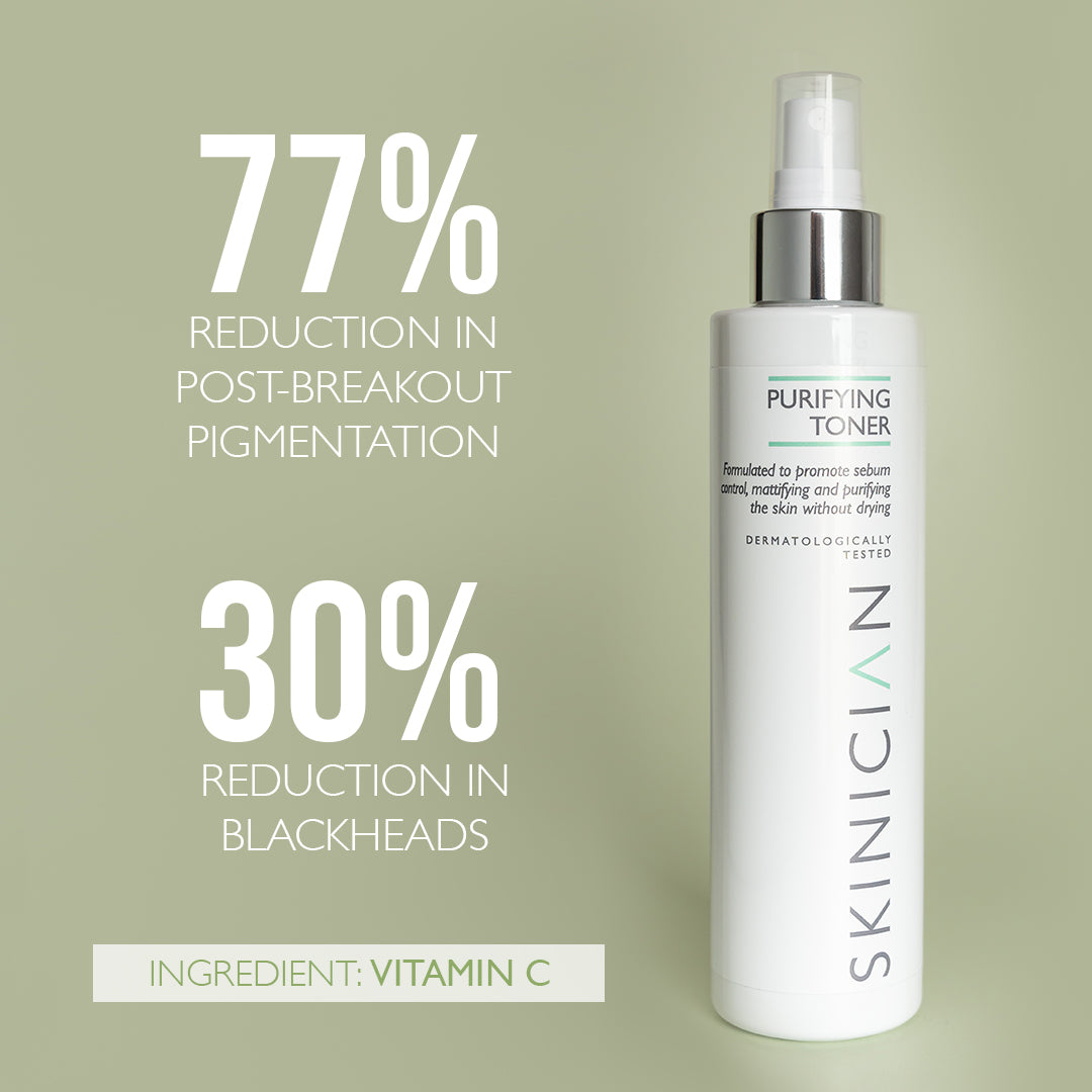 Image of Purifying Toner on green background with text "77% reduction in post-breakout pigmentation and 30% reduction in blackheads"