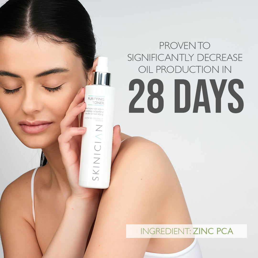 Image of model holding Purifying Toner with text "Proven to significantly decrease oil production in 28 days"